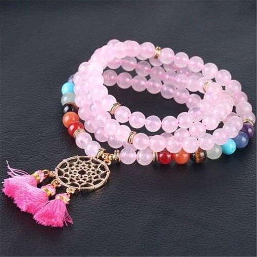 Indian Dreamcatcher Pendant 108 Rosary 8mm Beads Bracelet Natural Pink Crystal Stone 7 Chakra Yoga Bracelet for Women Meditation