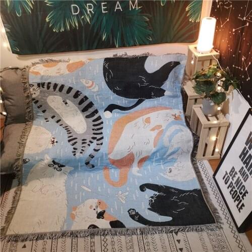 INS Japanese Style Cartoon Cat Cotton Travel Blanket Leisure Blanket Sofa Towel Carpet Cover Blanket Single Tapestry Sofa Mat
