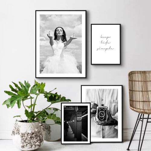 Smoking Woman Stair Retro Camera Calligraphy Painting Black and White Wall Art Canvas Pictures for Nordic Modern Home Decoration