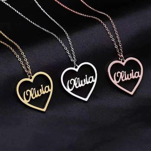 HUHUI Customized Name Necklace With Hollow Heart Pendant Personality Stainless Steel Jewelry For Woman Couple Anniversary Gift