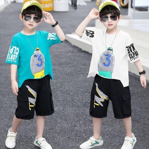 Summer Clothing Sets For Children Boy Short Sleeve Fashion Cotton O-Neck Pullover Two Pieces Suit 110-160 High Quality