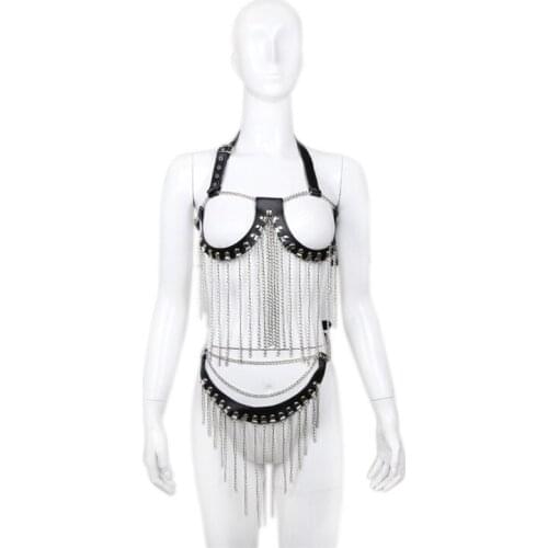 Leather Underwear with Metal Chain Womens Utensils Stage Performances Clubwear Bondage Restraints Sex Products