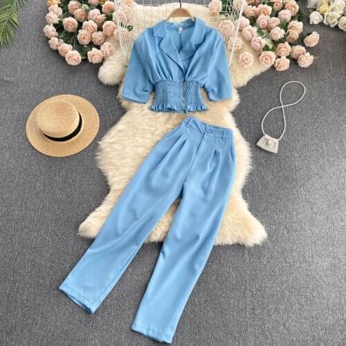 Summer Professional Suits Womens Zipper Short Blazer Jacket And High-waist Straight Trouses Ladies Fashion Two Piece Set aq1261