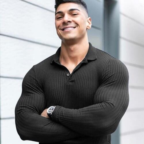 New Fashion Turn Neck Long Sleeve Knitted Polos Men Gym Polo Shirt Autumn Sports Slim Fit Fitness Bodybuilding Workout Clothing