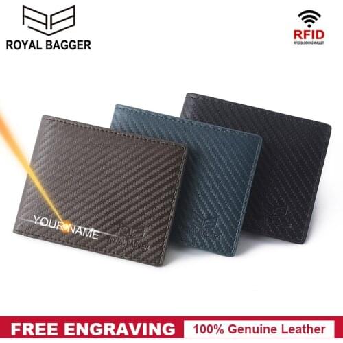 Royal Bagger Genuine Cow Leather Men Short Wallet Carbon Fiber Pattern RFID Block Cowhide Wallets Business Card Holder Purse