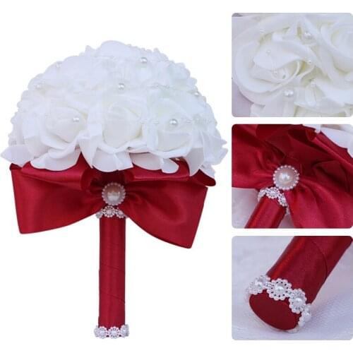 Cheap PE Rose Bridesmaid Wedding Foam flowers Rose Bridal bouquet Ribbon Fake Wedding bouquet de noiva Customized bouquet