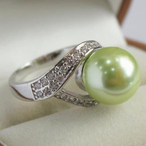 Fancy ladys silver plated with crystal decorated &12mm green shell pearl ring(#7 8 9 10)