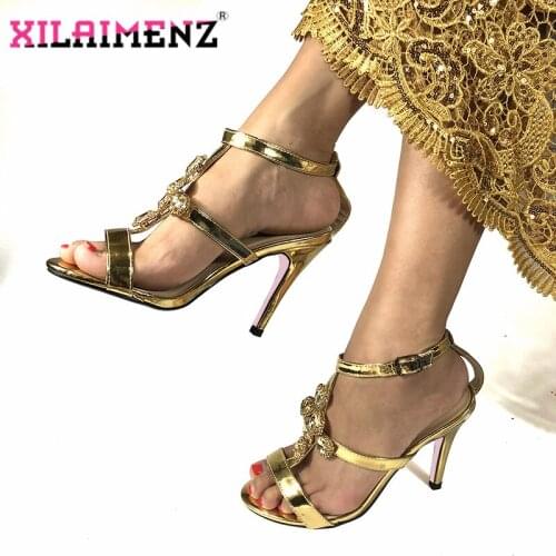 Latest Golden Color Wedding Shoes for Women Nigerian Shoes Decorated with Rhinestone African Shoes Pointed Toes Party