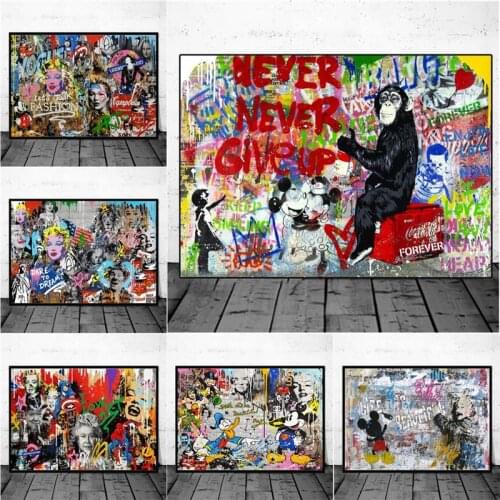 Monkey Mickey Mouse And Donald Duck Graffiti Art Posters And Prints Disney Animals Canvas Painting Wall Pictures Abstract Decor