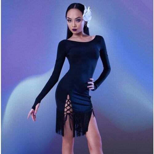 Fashion Ballroom Dancing Clothes Women Long Sleeve Fringe Dress Sexy Backless Latin Dance Competition Dresses Dancewear DW014