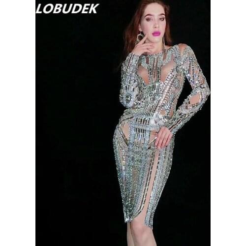 Full Rhinestones Stretch Short Dress Women Prom Birthday Celebration One Piece Dress Singer Host Nightclub Crystals Costume