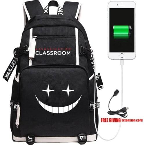 Anime Game Assassination Classroom USB Backpack Unisex Black Travel Shoulder Bags Kids Teens School Student Bags Bookbag