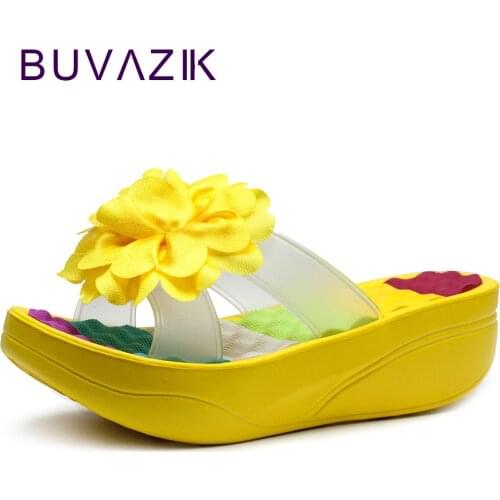 Fashion swing womens shoes summer female slippers flower platform wedges flip flops high heels footwear flowers