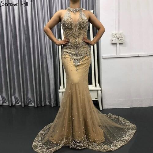 Dubai High Neck Beads Mermaid Evening Dresses 2020 New Fashion Champagne Formal Dress Party Vestido De Festa Serene Hill BLA6558