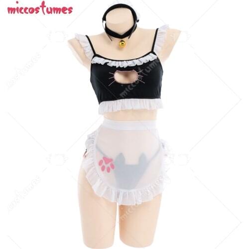 Woman Cat Girl Maid Style Lingeries Cosplay Costume Outfit with Apron Necklace Headband