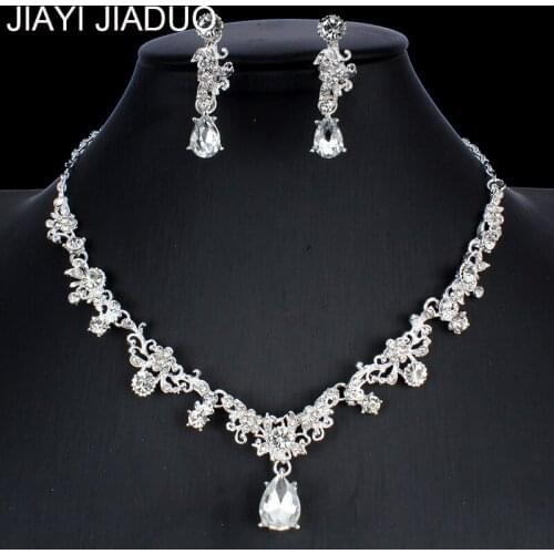 Jiayijiaduo Womens Wedding Silver Color Jewelry Set Necklace Earrings Set Crystal Jewelry Gift dropshipping NE+EA