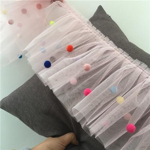 2Meters/lot 17cm White/Pink/Black Mesh Ruffles Lace Trims, Net Fabric Lace Pom pom Decoration Fabric Girl Dress Baby Lace X607