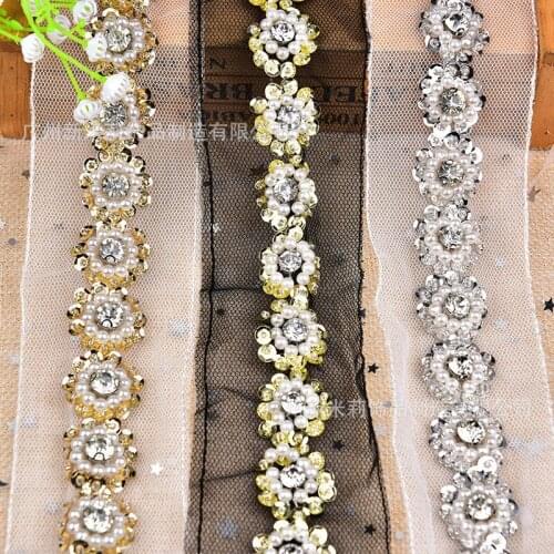 1yard Beaded Rhinestone Lace Trim DIY Clothes Wedding Gauze Diamond Pearls Heavy Hand Beaded Lace Accessories Materials 5cm