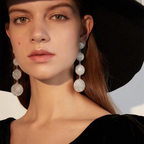 2021 Metal Long Drop Earring For Women Artificial Rhinestone Disc Shiny Simple Earring Fashion Party Jewelry Accessories
