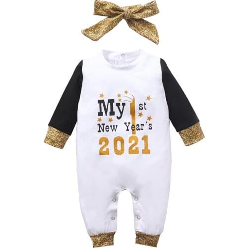 2021 My 1st New Years Newborn Baby Boy Girl Long Sleeve Letter Print Cotton Romper Jumpsuit Headband 2PCS Baby Clothes