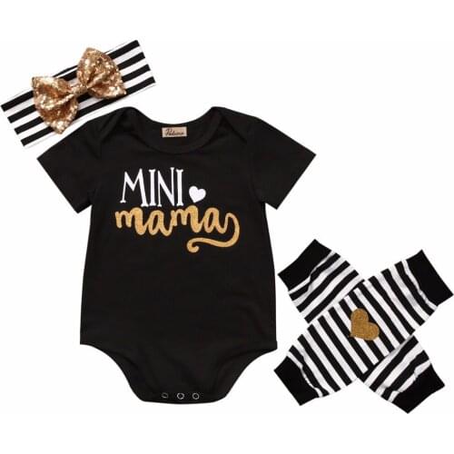 4pcs Newborn Infant Kids Baby Girl Clothing Romper Short Sleeve Leg Warmer Striped Headband Clothes Baby Girls Outfit Set