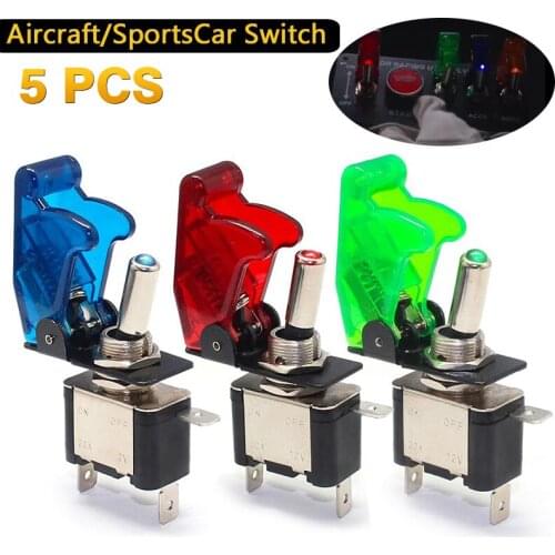 5Pcs Car Boat Truck Illuminated Toggle Switch DC 12V 20A LED Light Rocker Switches with Safety Aircraft Flip Up Cover