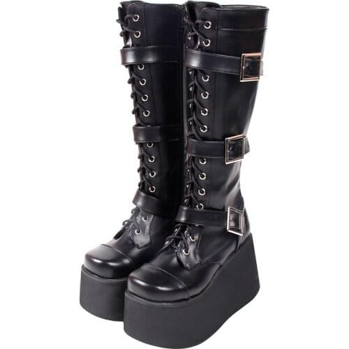 Angelic imprint handmade Women motorcycle cool punk boots lady lolita wedges shoes woman Gothic high heels pumps 3 straps 10cm