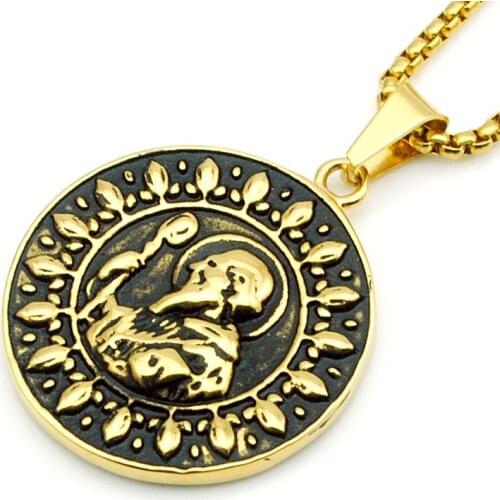 CHIMDOU Gold Color Holy Crutches Old Man Pendant Necklace Charm Men Stainless Steel Jewelry Round Party Gift