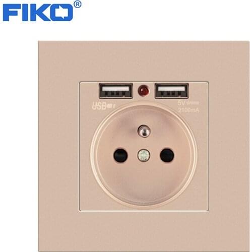FIKO 16A EU French wall power standard with USB, Gold PC panel Household wall power socket with dual USB ports86mm*86mm