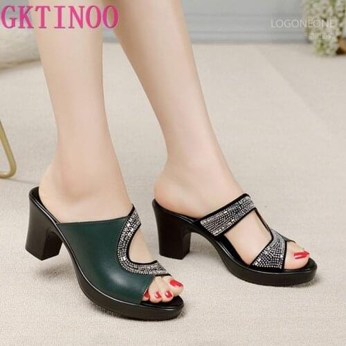 GKTINOO 2021 Fashion Peep Toe High Heels Shoes Women Slippers Leather Luxury Designer Ladies Street Beach Sandals Slides Shoes