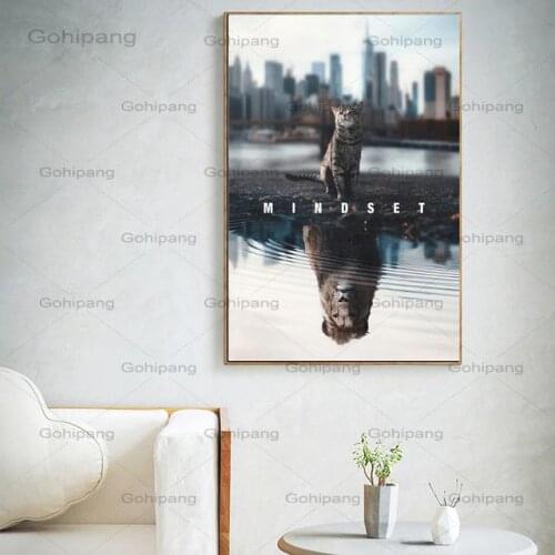 Hd Print Text Animal Canvas Painting Mindset Is Everything Motivational Cat Lion Canvas Art Picture for Living Room Home Decor