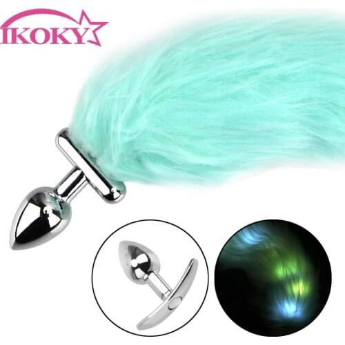 IKOKY Luminous Blue Fox Tail Butt Plug Bright Anal Plug Slave Cosplay Tail Erotic Sexshop Adult Games Sex Toys for Women