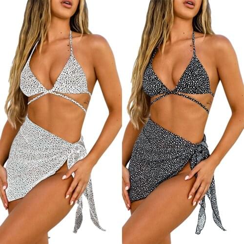 3 Pieces Bathing Suit, Female Leopard Print Strappy Bikini Tops+ Bikini Panties+ Skirt for Summer, Black/White