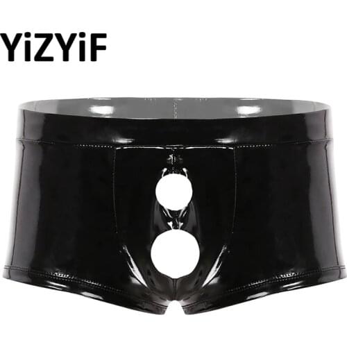 Men boxer shorts underwear panties gay men Wet Look Patent Leather Lingerie Low Rise Bulge Pouch with Holes Boxer Briefs Shorts