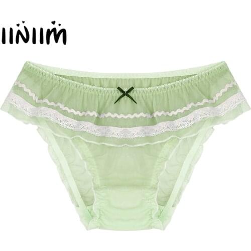 Mans Solid Color Panties Sissy Crossdress Sexy Briefs See-through Mesh Elastic Waistband Ruffle Trim Cute Briefs Gay Underwear