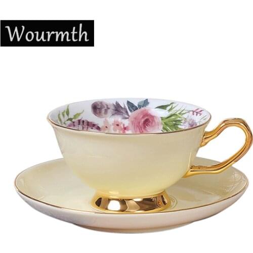 Wourmth Bone china Coffee Cups &Saucer Set Exquisite Gold Rim Tea Water Cups Beautiful Flower Teacup Ceramic Kitchen Accessories