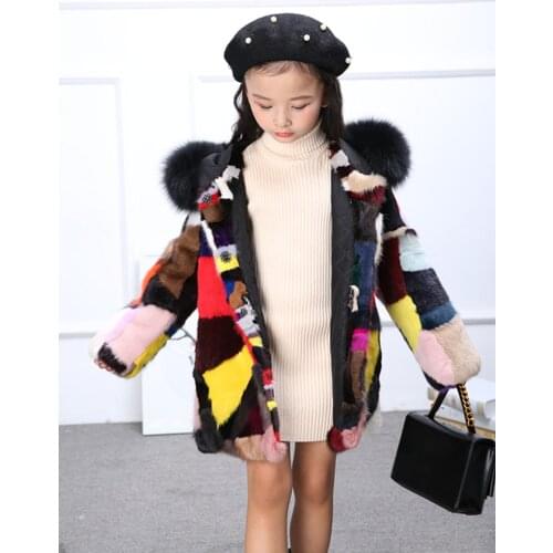 NEW girls real genuine natural mink fur coat with fox fur hood child fashion multicolor colorful fur kids jacket outwear