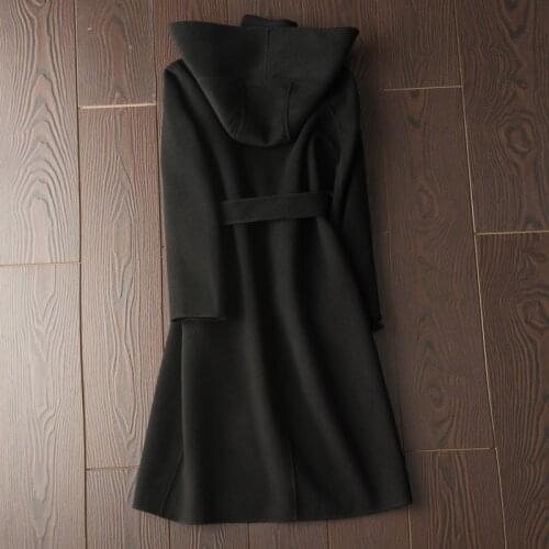 Fashion Wool Overcoat Female Autumn Winter Belt Loose Hooded Coat Solid Color Office Lady Streetwear Long Sleeve Outerwear