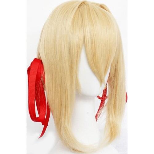 Anime Violet Evergarden Ponytail Braid Buns Blonde Hair Heat Resistant Cosplay Wig Costume Accessories+ Free Wig Cap