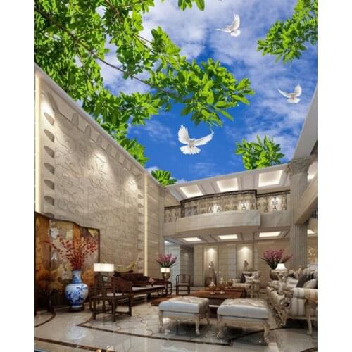 Ceiling Wall Mural Modern Designs 3D Living Room Bedroom Fresh branches green leaves blue sky white dove