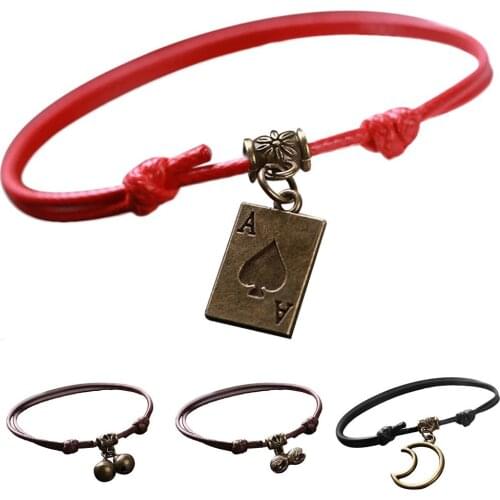 Simple Unisex Poker Bell Hollow Moon Wax Rope Bracelets Adjustable Charm Bracelet Jewelry