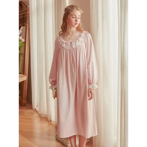Vintage Cotton Delicate Womens Spring Sleepwear Royal Princess Loose Sweet Long Nightgowns Holiday Dress Homewear