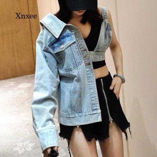 2021 Fall Womens Denim Jacket V-Neck Long-Sleeved One-Shoulder Patchwork Asymmetric Hollow Jacket Women