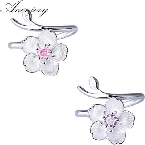 ANENJERY 925 Sterling Silver Simple New Cherry Rings Purple Pink Zircon Opening Rings (17mm )For Women anillos mujer S-R78