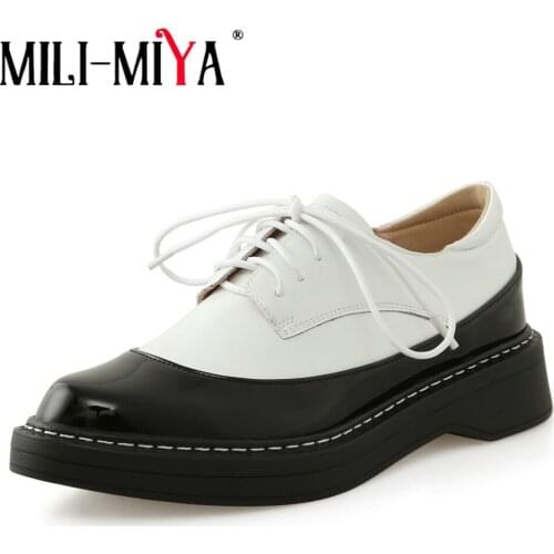 MILI-MIYA Women Pumps Black White Mixed Color Spring Autumn Patent Cow Leather Basic Round Toe Cross Tied Classics Casual Shoes