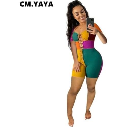 CM.YAYA Women Playsuit Patchwork Short Sleeve V-neck Lace Up Stretchy Bodycon Playsuits Casual Rompers One Piece Overalls Summer