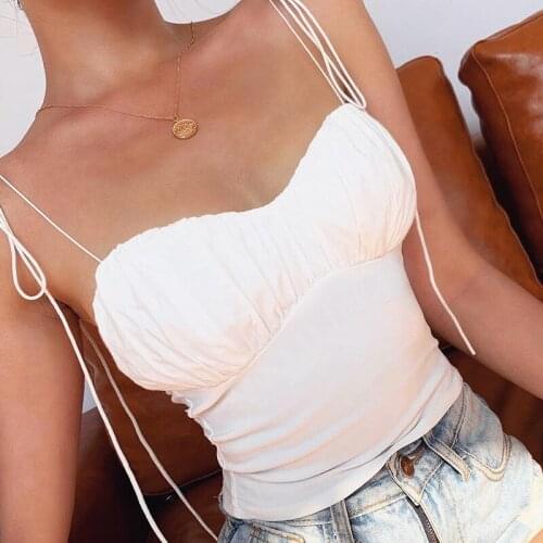 2020 Fashion Bandage Spaghetti Strap Tops Women Ruched Camis Crop Top Summer Elegant Slim Casual Streetwear Clothes White Vest