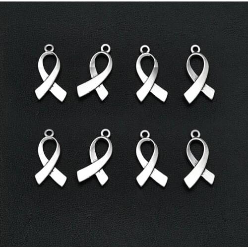 15pcs/Lots 11x22mm Antique Silver Plated Red Ribbon Charms Cancer Pendants For DIY Earring Jewelry Making Accessories Parts