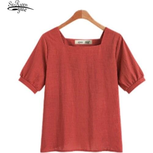 2021 Summer Elegant Solid Casual Tops Fashion Vintage Red Tee Shirt Women Cotton Shirt Graphic T-shirt Women Tops Blusas 3871 50