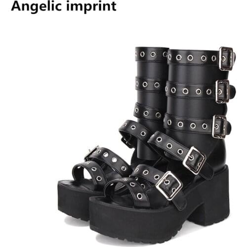 Angelic imprint mori girl Women punk motorcycle shoe lady lolita ankle Boots woman high trifle heels pumps summer sandals 8cm